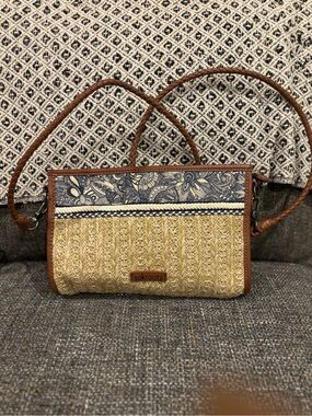Sakroots Straw Crossbody with Navy Floral Panel and Brown Trim